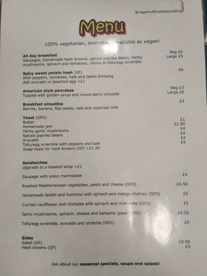 Menu at Ragamuffins in West Malling