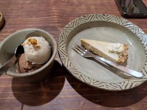 Passion fruit raw cake and Coconut ice cream (walnuts and chocolate) at Tamatebako in Naha