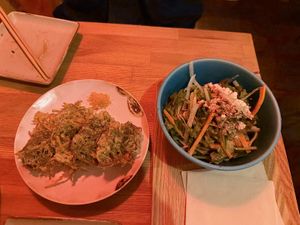 Seaweed Tempura (Left) and Noodle dish Ma Jiang Mian!   at Tamatebako in Naha
