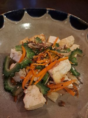 'Goya Champuru' Bitter melon with tofu, carrots, mushrooms etc at Tamatebako in Naha