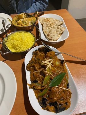 Korma and potato eggplant curry  at The Majestic Indian Restaurant in Sutherland