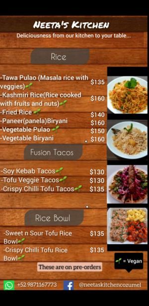 Neeta's kitchen Fusion menu.  at Nirvana Foods Indian Vegan Restaurant and Grocery in Cozumel