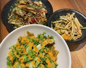 Curry Pasta, peanut noodles, papaya salad  at Zanoodle in Ljubljana