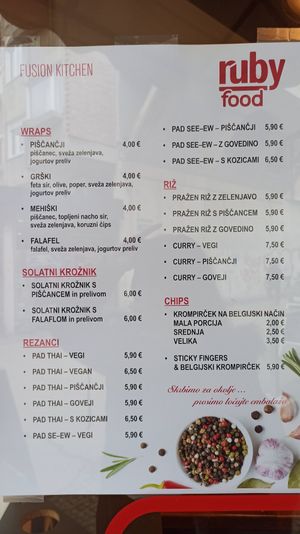 Menu at Ruby Food in Ljubljana