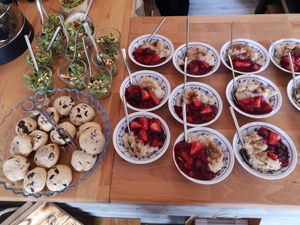 Milchreis mit roter Grütze, Cookies und Pesto Salat vom Eröffnungstag in Probiergrößen 😍 at tea and V in Sylt