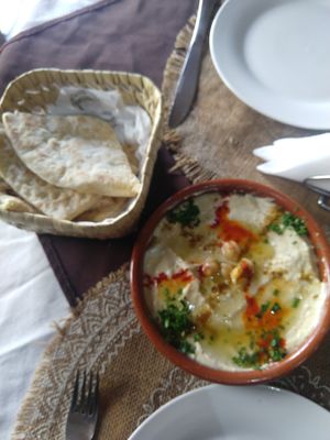 Chickpeas Fatteh and pita bread at Sufra in Rabat