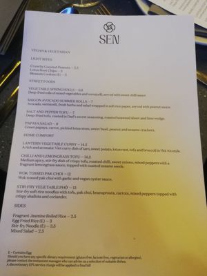 Menu at SEN Vietnamese Dining in Edinburgh