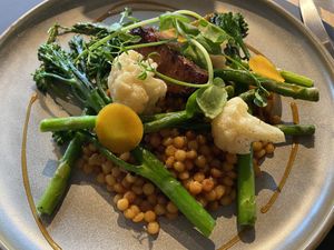 Fregola (a type of pasta) with teriyaki dressing, grilled sweet potato and vegetables.  at Chabot in Vlissingen