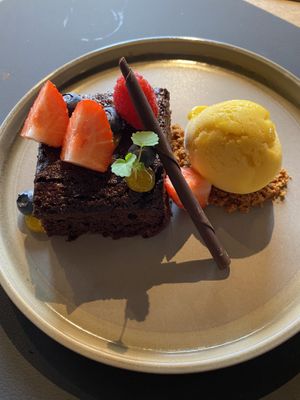 Brownie with passion fruit sorbet. at Chabot in Vlissingen
