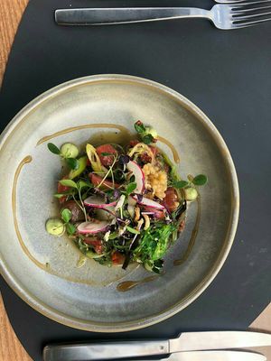 Een voorgerecht (steak tartaar van watermeloen) at Chabot in Vlissingen