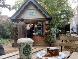 Coffee and carrot cake  at Momo's Garden Café in London