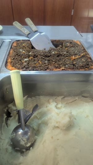 Lentil lasagna and mashed potatoes at Fela's Vegetarian Restaurant in San Juan