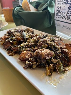 Brussel sprouts without the panchetta and with shaved almond (not cheese on top) at Trattoria Fortunata in Saratoga Springs