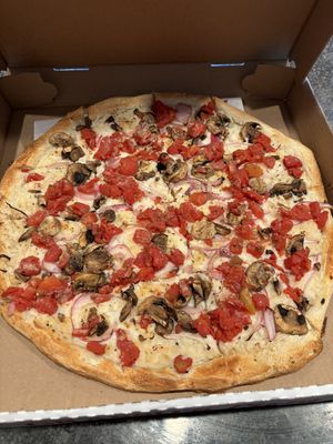 Vegan White Pizza + mushrooms. ALWAYS DELICIOUS!  at Grassos Pizza in Depew