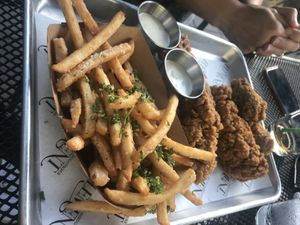 Chicken tenders with ranch dressing and fries at Element Gastropub in Raleigh