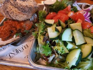 Buffalo chkn sandwich with a house salad at Element Gastropub in Raleigh