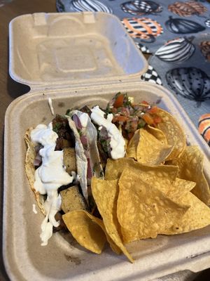 Carne Asada Tacos with Sour Cream & House Chips with Pico De Gallo  at Element Gastropub in Raleigh