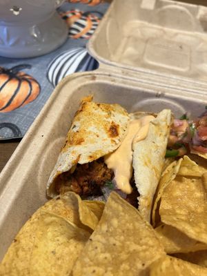 Barbacoa Tacos with Sriracha Aioli & House Chips with Pico De Gallo  at Element Gastropub in Raleigh