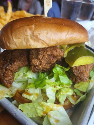 Close up of chicken sandwich at Element Gastropub in Raleigh
