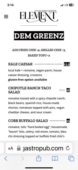 Menu showing my salad  at Element Gastropub in Raleigh