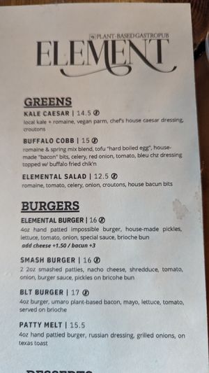 Menu section at Element Gastropub in Raleigh
