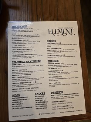 Menu  at Element Gastropub in Raleigh