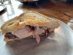 Forgot to take photo before splitting but it was 2 halves and lots of fries.  at Element Gastropub in Raleigh