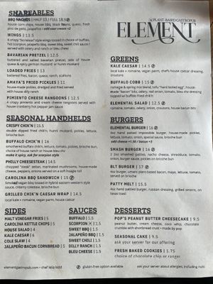 Menu  at Element Gastropub in Raleigh