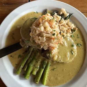Chunk steak with “crab” meat over asparagus   at Element Gastropub in Raleigh