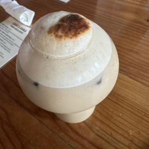 Mushroom coffee, served in a mushroom shaped mug  at Element Gastropub in Raleigh