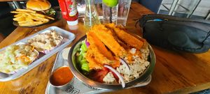 Buffalo chic'n salad ,claw slaw and pototo salad and chic at Element Gastropub in Raleigh