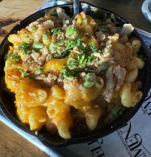 Skillet Mac n cheese - order with extra cheez sauce  at Element Gastropub in Raleigh