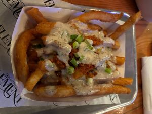Loaded fries….needed more! Delicious cheez sauce!   at Element Gastropub in Raleigh