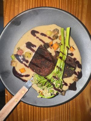 Autumn Steak - seared chunk™ steak, roasted garlic creamed potato & cauliflower, roasted root & cruciferous blend, caulilini, topped w/ red wine reduction  at Element Gastropub in Raleigh