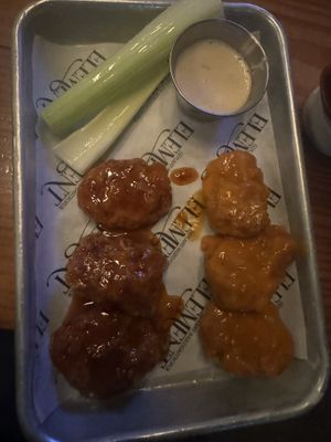 Wings - sweet chili sauce (left) & buffalo (right) with celery & bleu cheez dressing   at Element Gastropub in Raleigh