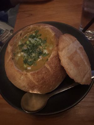 Broccoli & cheese soup in a sourdough bowl (New!)  at Element Gastropub in Raleigh