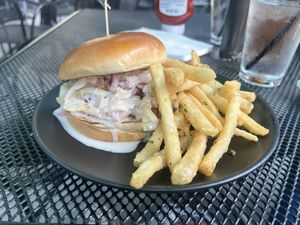 NC BBQ sandwich with slaw. Yeah, it was a mess but that’s what napkins are for!  at Element Gastropub in Raleigh