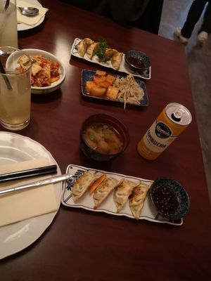 Gyozas for starters, kimchi and drinks at Yoshi Sushi in West London