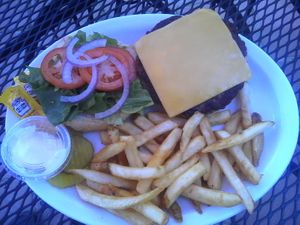Plant-based cheezeburger (Impossible brand) w/fries & side of dairy-free mayo (all vegan) at 2 Guys Pizza in Hendersonville