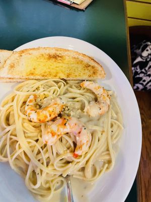 Shrimp Scampi completely vegan made with oat milk Alfredo   at 2 Guys Pizza in Hendersonville