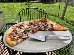 Stopped eating just long enough to show off my large Traditional Italian pizza #Veganuary at 2 Guys Pizza in Hendersonville