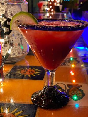 El Corazon Margarita made with El Jimador Blanco Tequila, Citronage, pure blood orange and passion fruit puree. organic agave nectar & freshly squeezed lime juice at Don Juanz - Baja Beach Tacos  in Shreveport