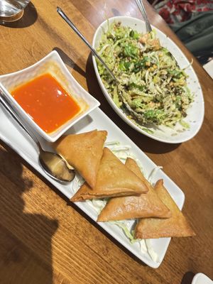 Yea leaf salad and samusas   at My Burma in Davis