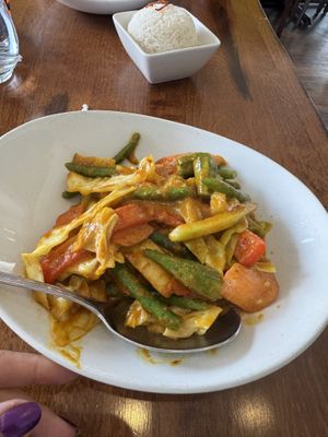 Chefs special dry curry veggie dish. With coconut rice    at My Burma in Davis