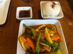 Burmese Mix Vegetables Curry (vegan) with Coconut Rice and Hot Chili Oil  at My Burma in Davis