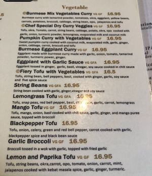Vegan friendly section of menu at My Burma in Davis
