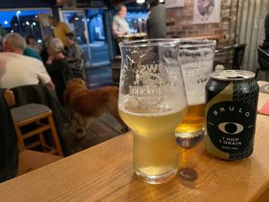 Brass Castle IPA (Disrupter) and a can of zero alcohol beer.  at Brass Castle Brewery in Malton