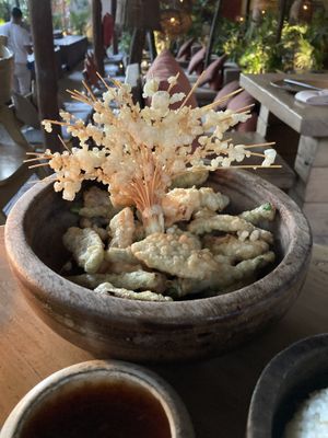 Veggie Tempura served with a dipping sauce   at Funky Geisha in Tulum