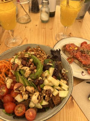 Salad and toast “local"  at Nibs Healthy Bar in Menorca
