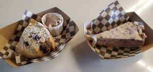 Chocolate Chip Scone & Peach Rose Blueberry Cheesecake, all vegan at SconeGrown in Bellingham